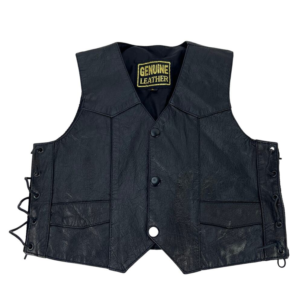EUC VTG Kid Toddler Large Unisex Black Leather Traditional Motorcycle Biker Vest